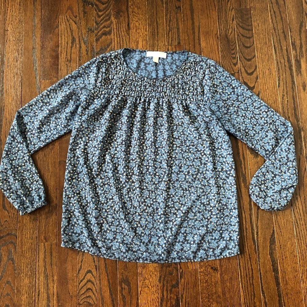 Michael Kors Women’s S Blue Smocked Semi-Sheer Gold Leaves Long-Sleeved Blouse